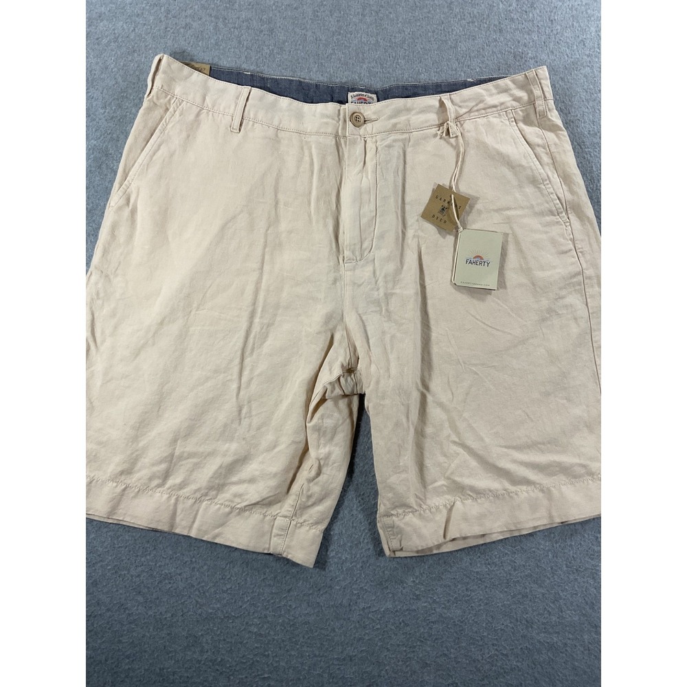 Faherty Brand Mens 36 Beige Linen Cotton Garment Dyed Flat Front Shorts New 1121